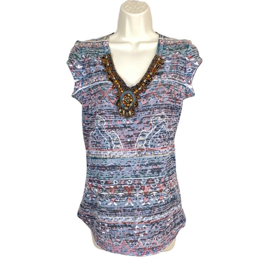 Womens O.S. Sz M Multicolor Multipattern Cap Sleeve Beaded V-Neck Semi-Sheer Top